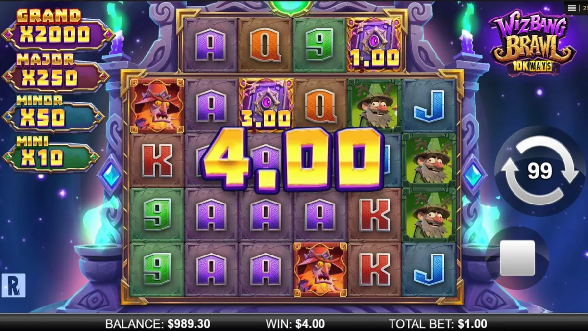 Wizbang Brawl 10K Ways slot game interface featuring magical wizards and neon colors