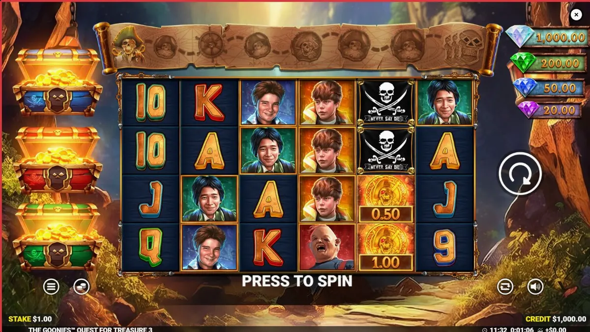 The Goonies Quest for Treasure 3 slot game interface with pirate treasure theme